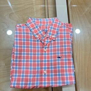 Vineyard Vines Coral and Blue Plaid Kids Button Down Shirt